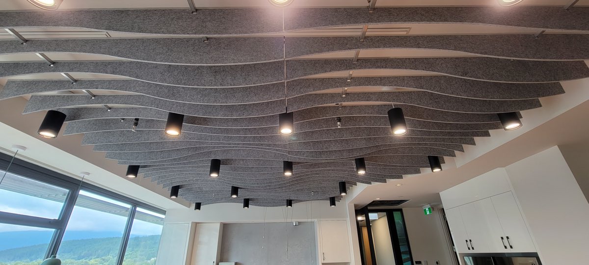 Curved acoustic ceiling baffles with integrated pendant lighting