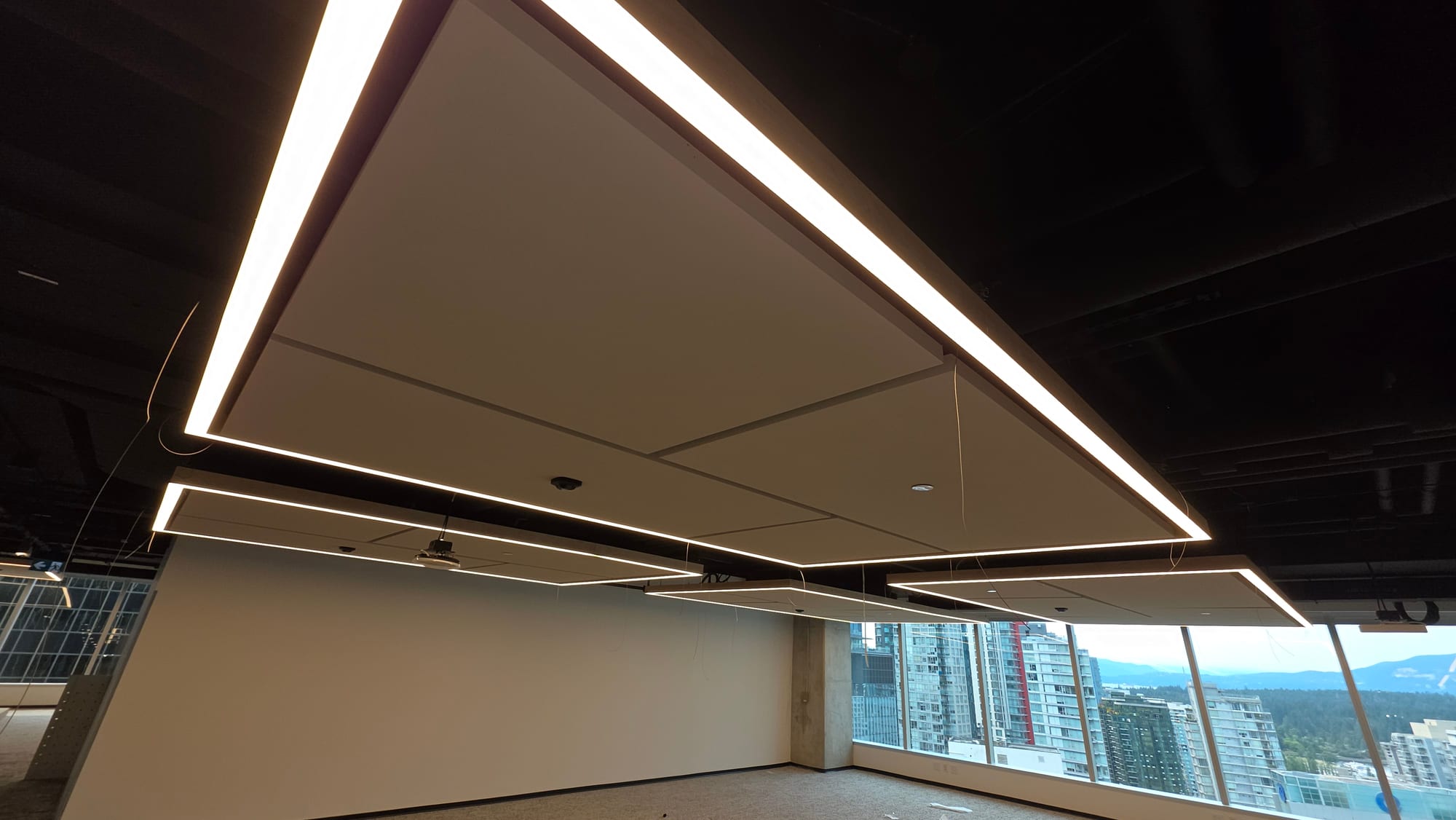 Close view of an acoustic ceiling cloud and integrated light frame