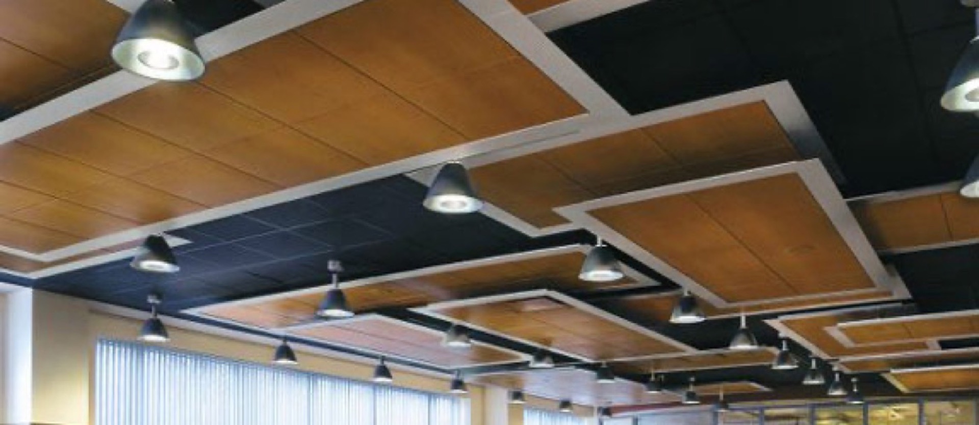 Wood-look geometric ceiling islands from the SteelStud.ca archive